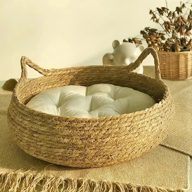 Hand-Woven Rattan Cat Nest – Four Seasons Cozy Pet Bed