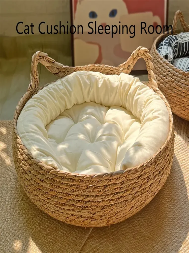 Hand-Woven Rattan Cat Nest – Four Seasons Cozy Pet Bed