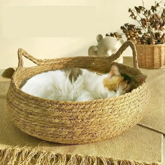 Hand-Woven Rattan Cat Nest – Four Seasons Cozy Pet Bed