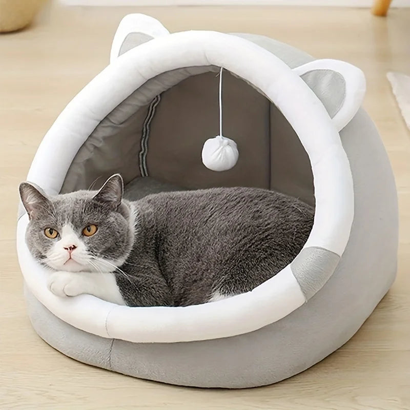 Cartoon Cat House – Plush Indoor Cave Bed with Removable Pad