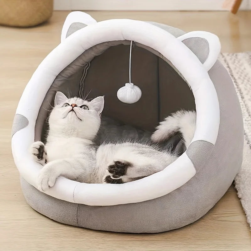 Cartoon Cat House – Plush Indoor Cave Bed with Removable Pad