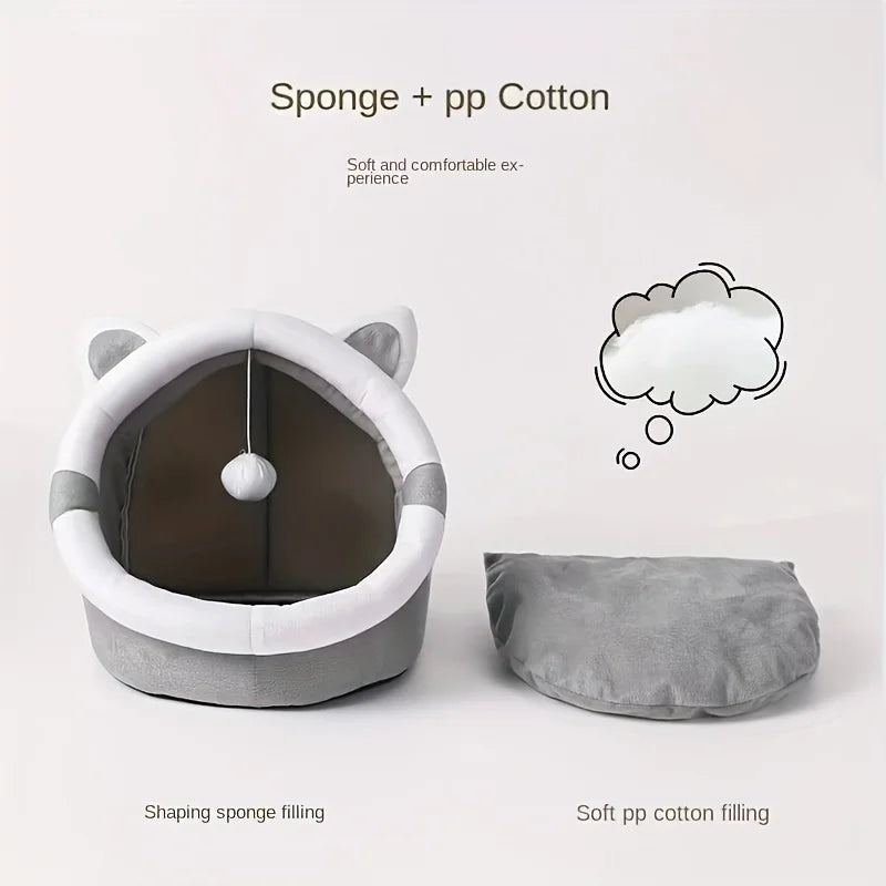 Cartoon Cat House – Plush Indoor Cave Bed with Removable Pad