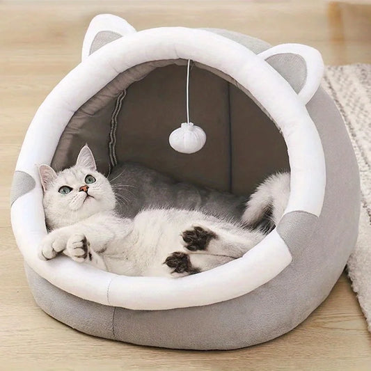 Cartoon Cat House – Plush Indoor Cave Bed with Removable Pad