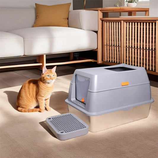 XXL Stainless Steel Cat Litter Box – Enclosed Litter Tray with Lid