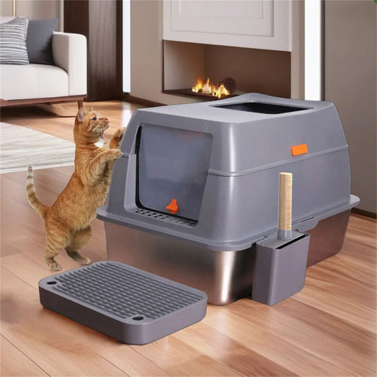 XXL Stainless Steel Cat Litter Box – Enclosed Litter Tray with Lid