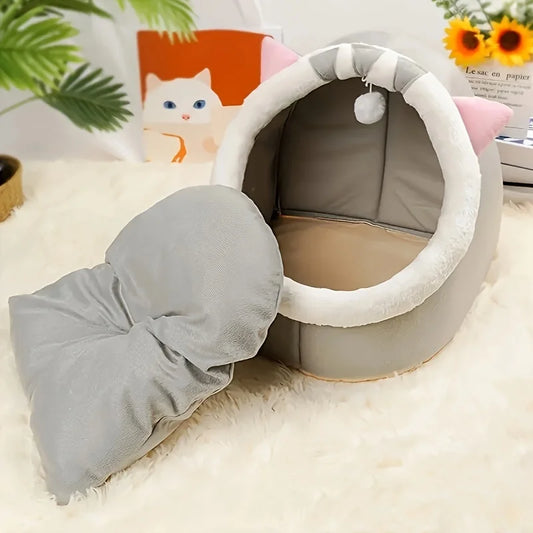 Cartoon Cat House – Plush Indoor Cave Bed with Removable Pad